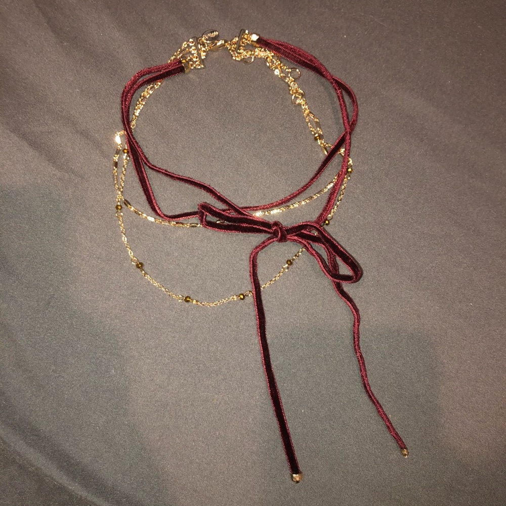 Maroon velvet and gold chain choker